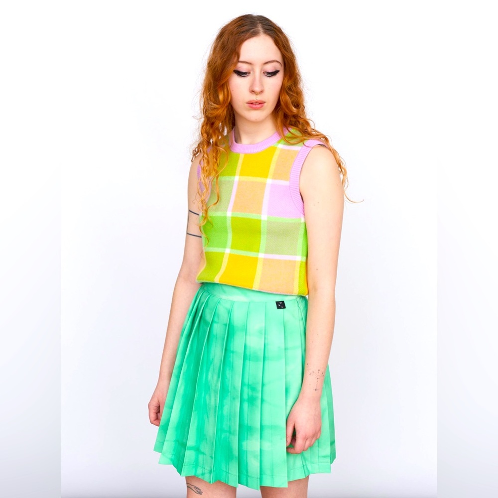 Lazy Oaf Golden Years Knit vest top pastel plaid gingham 12 8 M L